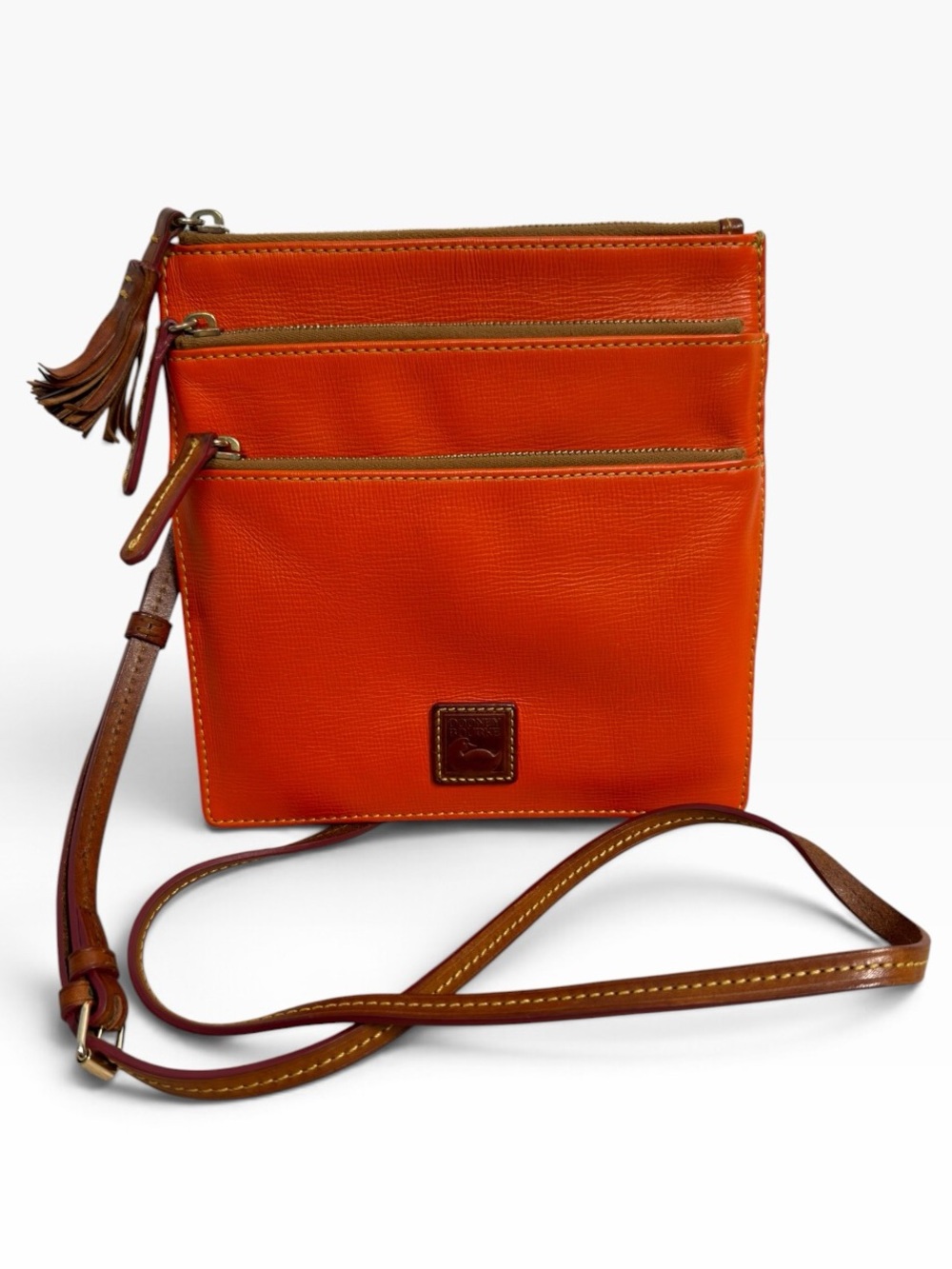 Dooney & Bourke Triple Zip Orange Leather Crossbody Bag Tassel